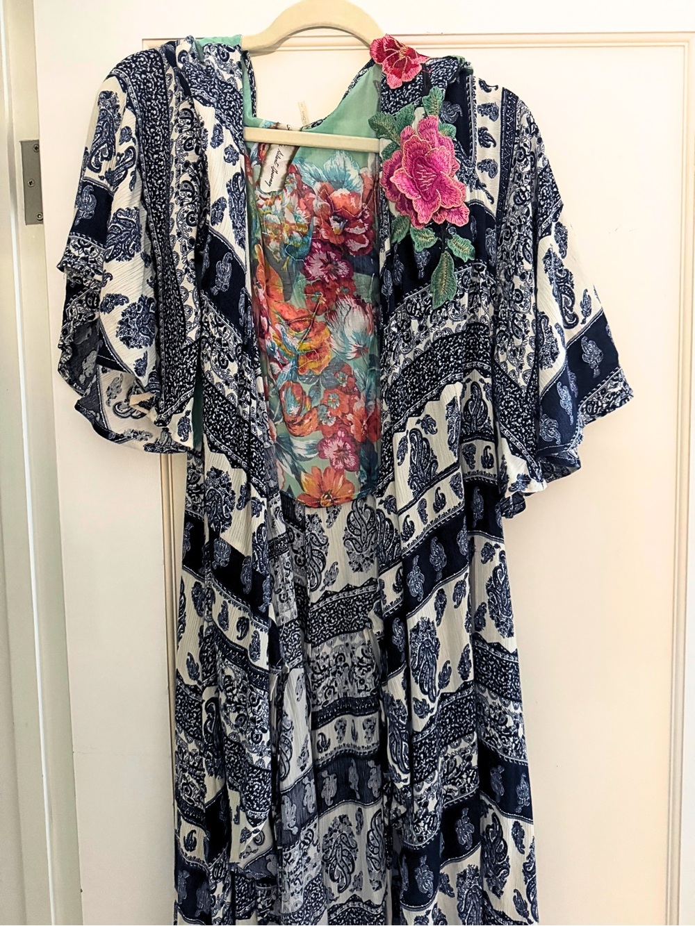 Aratta Navy & White Boho Duster with Floral Panel